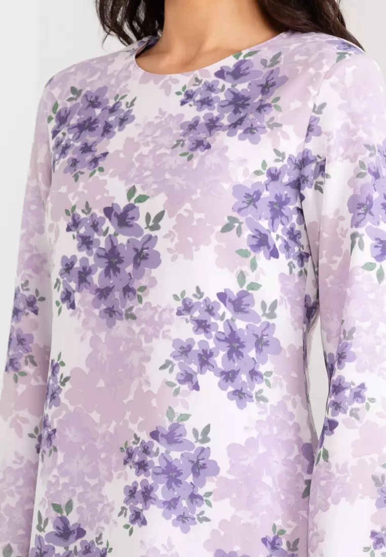Abstract Lilac Floral Baju Kurung Modern Chiffon in Purple Base