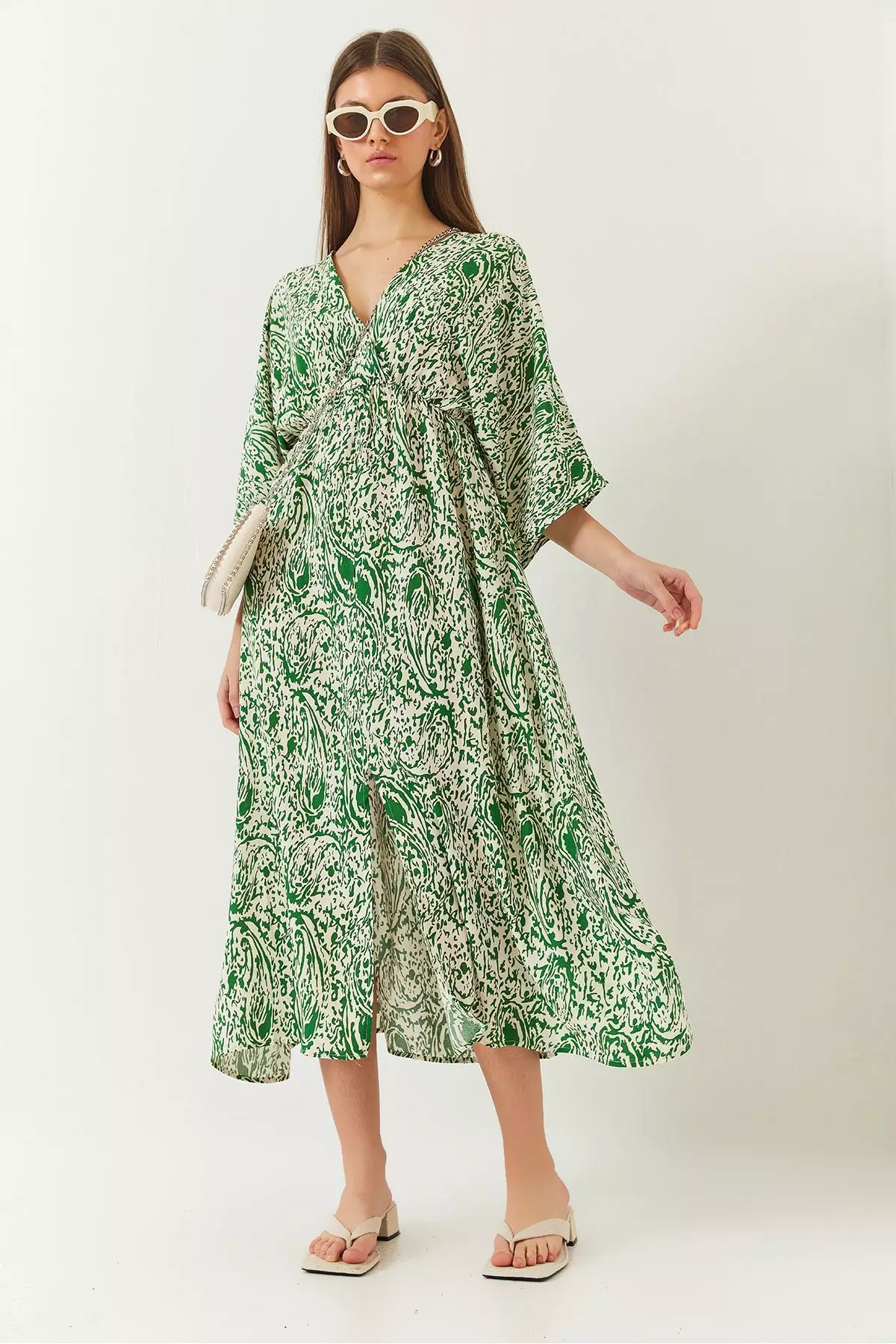 Women's Double Breasted V Neck Front Slit Detail Print Dress 60261411