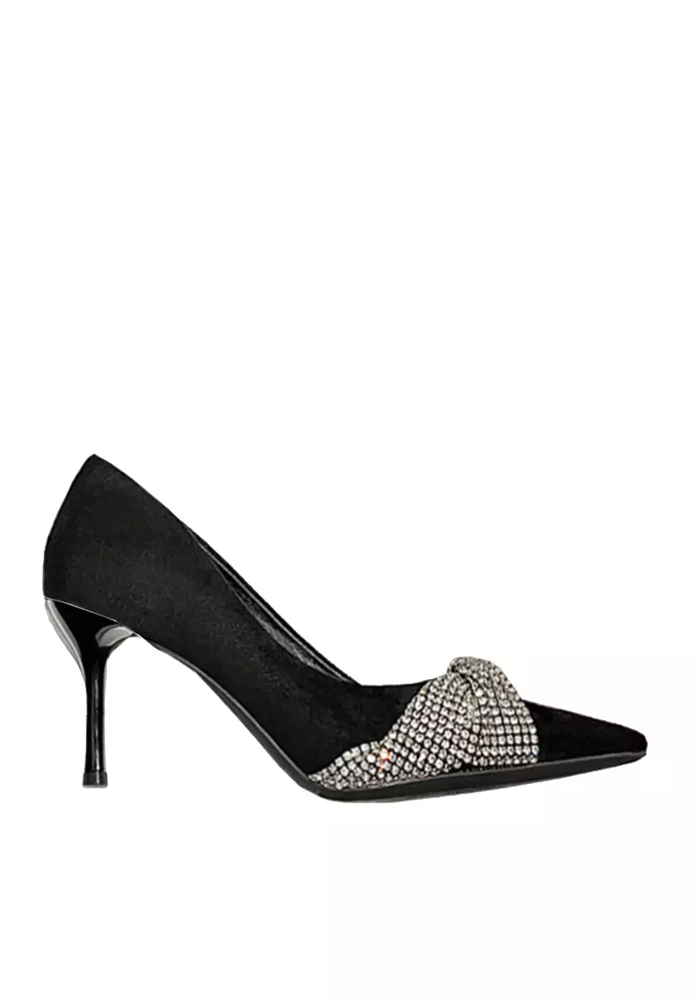 Discount on Twenty Eight Shoes  shoes - SKU: VANSA 5.5cm Rhinestone Bow Faux Suede High Heel Shoes VSW-P86815.5.5
