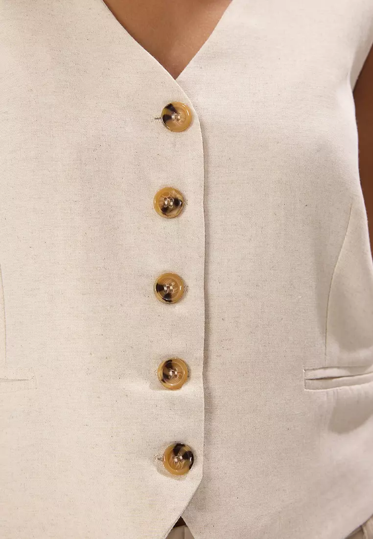 White Oversized V Neck Linen Look Oversize Waistcoat  TWOSS25YE00085