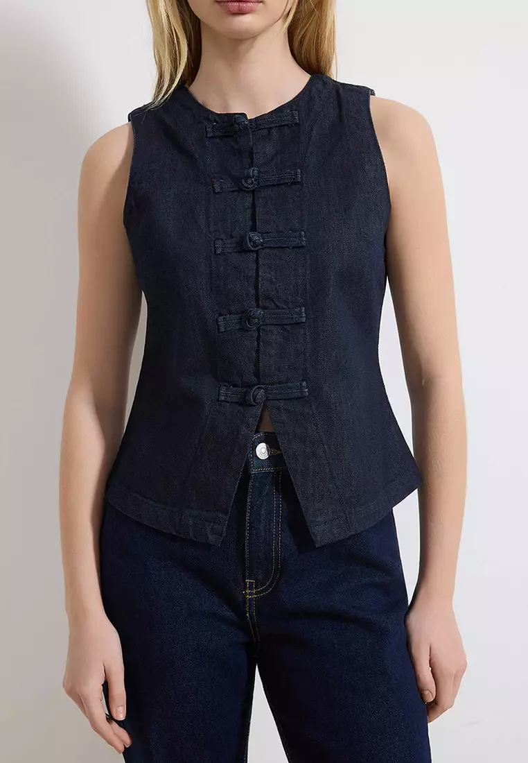 Dark Blue Button Detailed Fitted 1% Cotton Denim Vest Twoss26Ye4