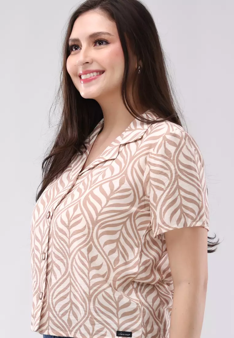 Printed Cotton Slub Woven Short Sleeves Blouse