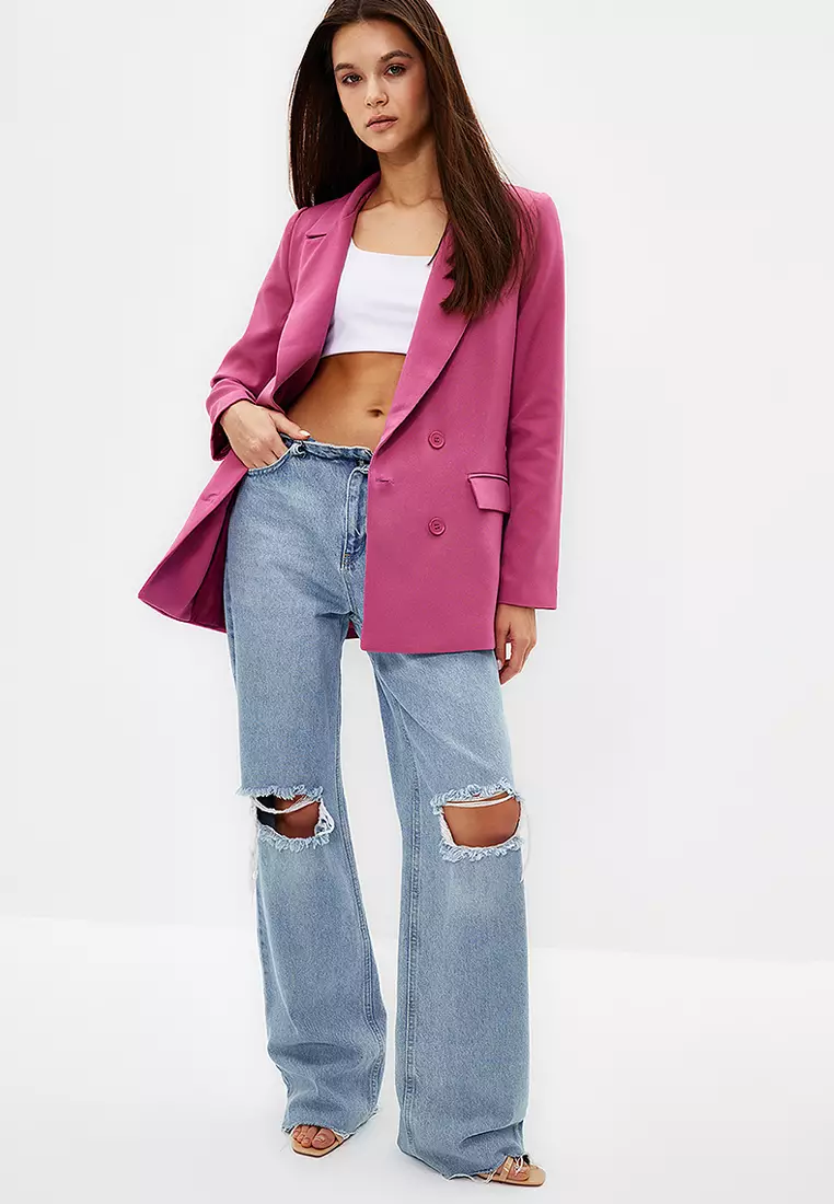 Pink Regular Lined Double Breasted Closure Woven Blazer Jacket