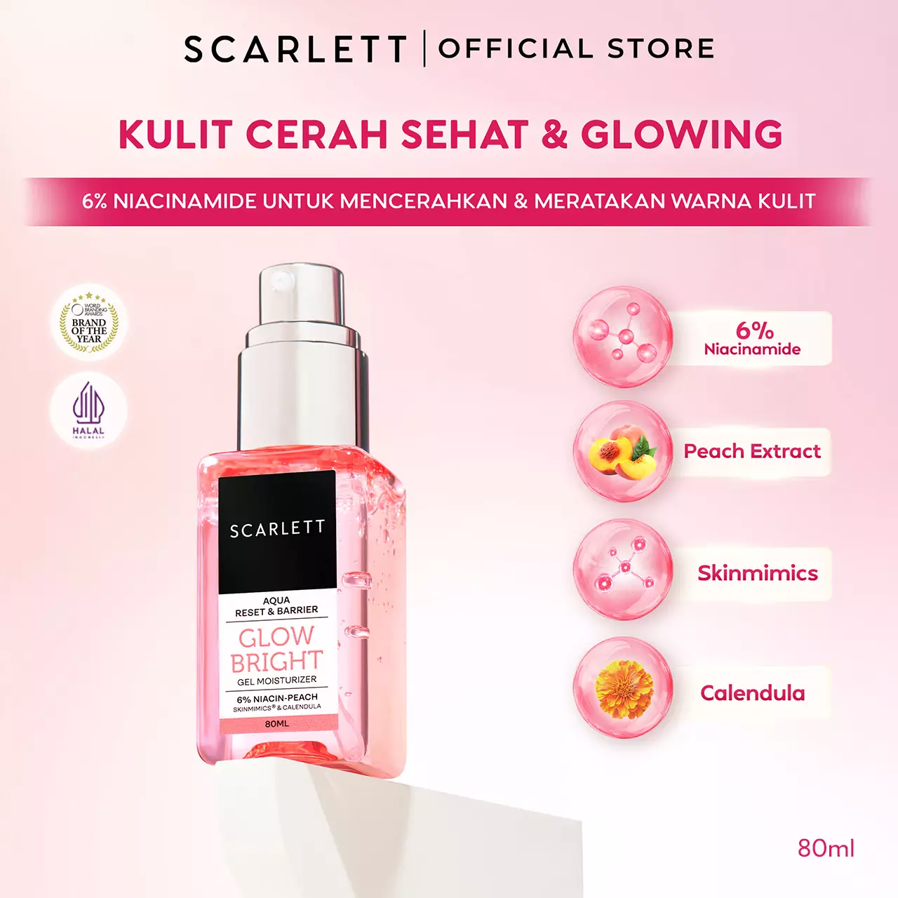 Scarlett Whitening Aqua Reset & Barrier Glow Bright Gel Moisturizer 6% Niacin-Peach