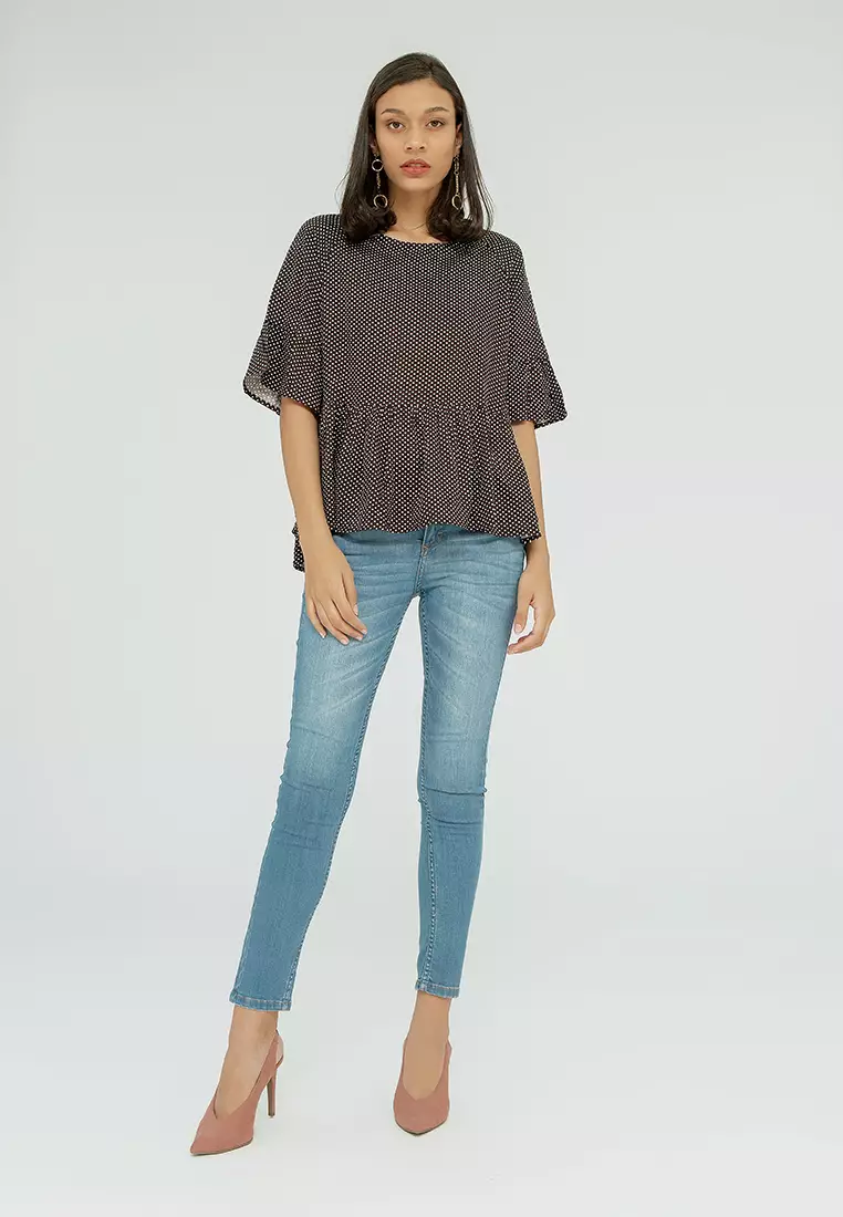 Casual 3/4 Sleeves Blouse Polkadot Black Combo