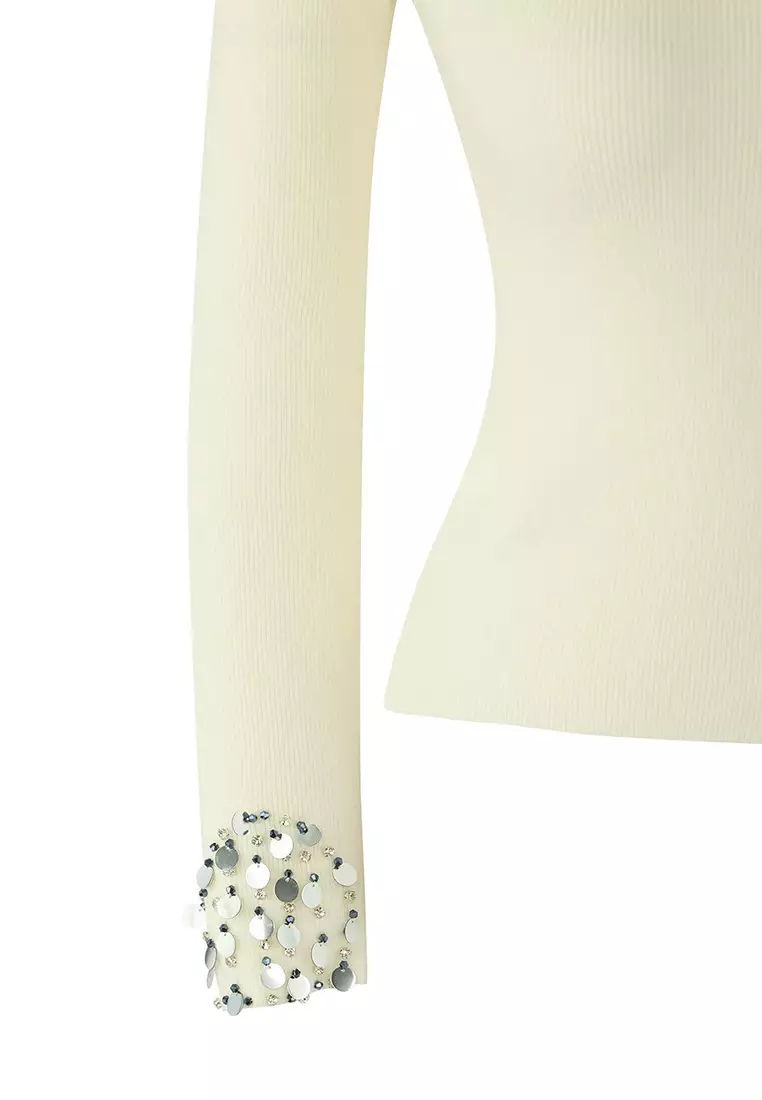 Ecru Premium Yarn/Special Yarn Asymmetric Collar Sleeve Edge Sequined Knitwear Sweater
