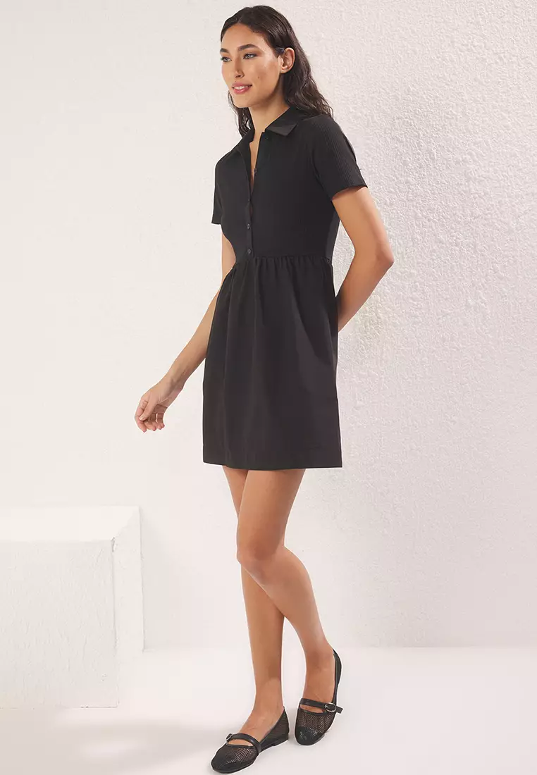 Black Buttoned Skirt with Woven Detail Mini Knitted Dress TWOSS25EL00772