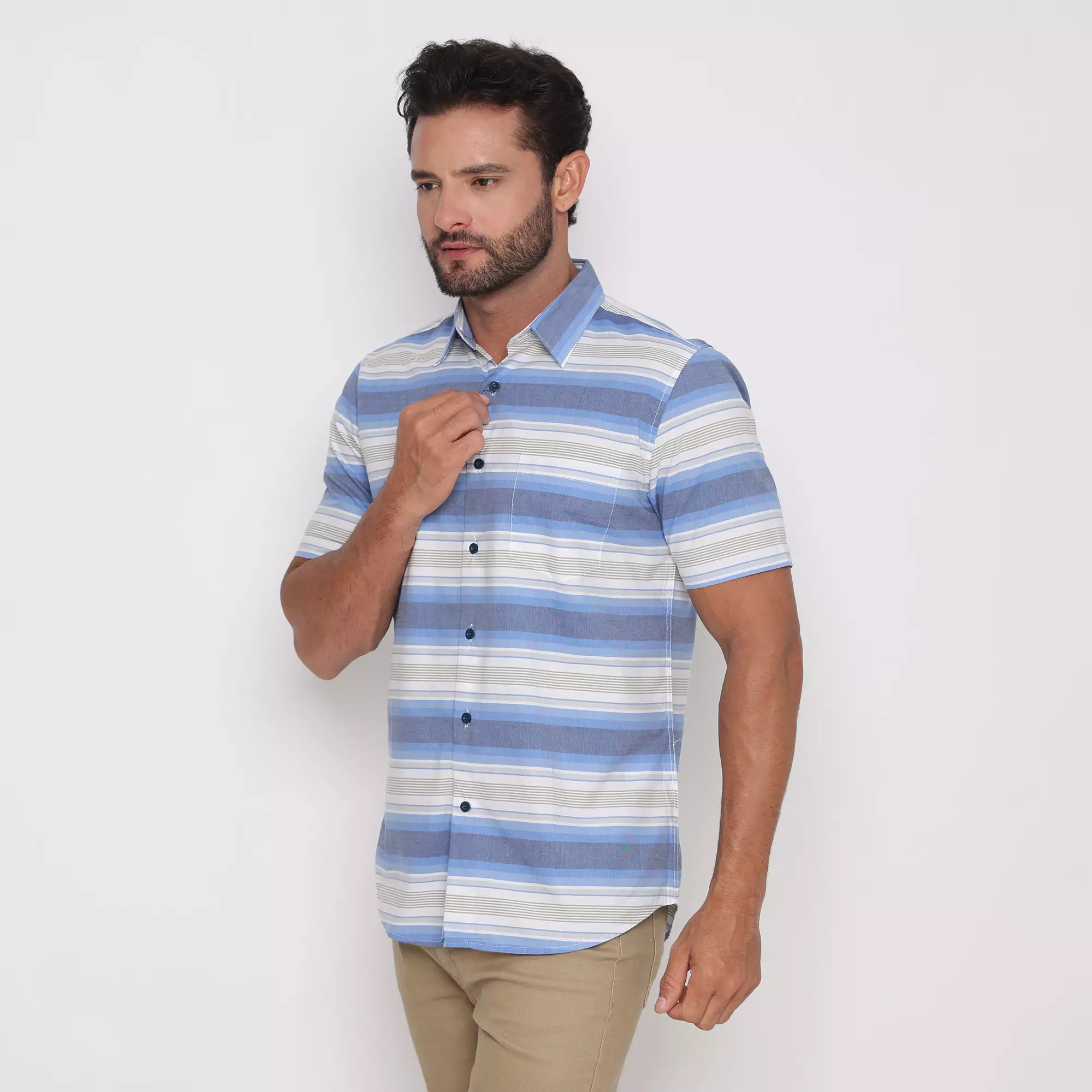 Platini Kemeja Motif Salur Pria Lengan Pendek Katun Biru 73475