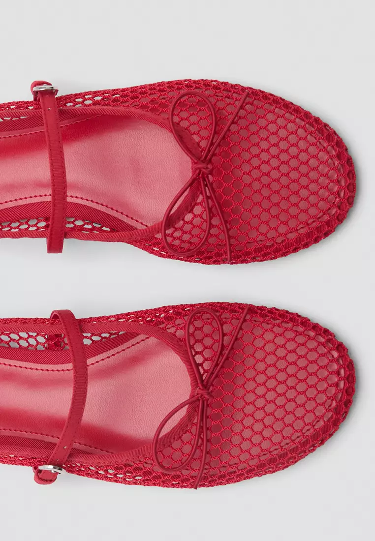 Mesh Ballet Flats with Strap and Buckle