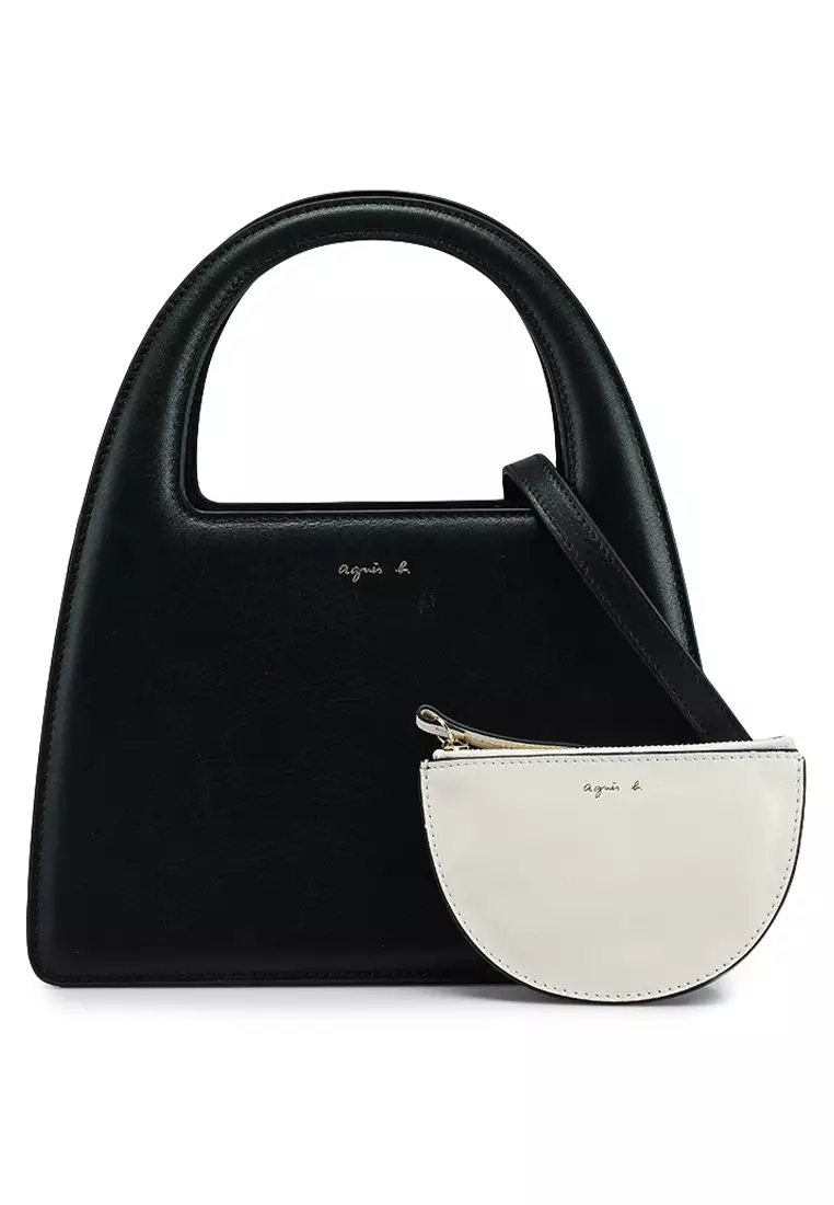 バッグ Agnes b. real leather design hand bag black oval leather handbag