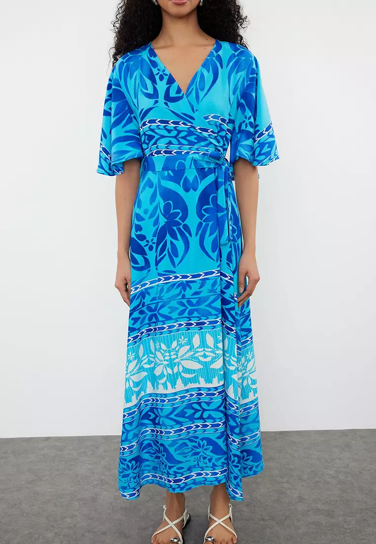 Blue Ethnic Belted Patterned A-Line Double Breasted Collar Woven Dress TWOSS24EL01046