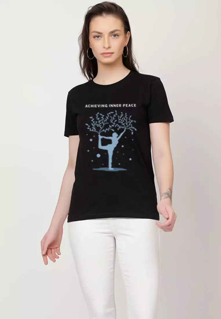 内心平静轻松短袖时尚黑色棉质休闲图案印花 T 恤/T 恤