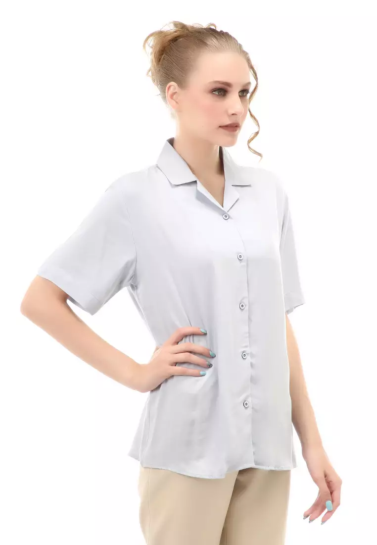 Holly Shirt Kemeja Basic Atasan Kasual Wanita Lengan Pendek Material Rayon ORIGINAL - Blue