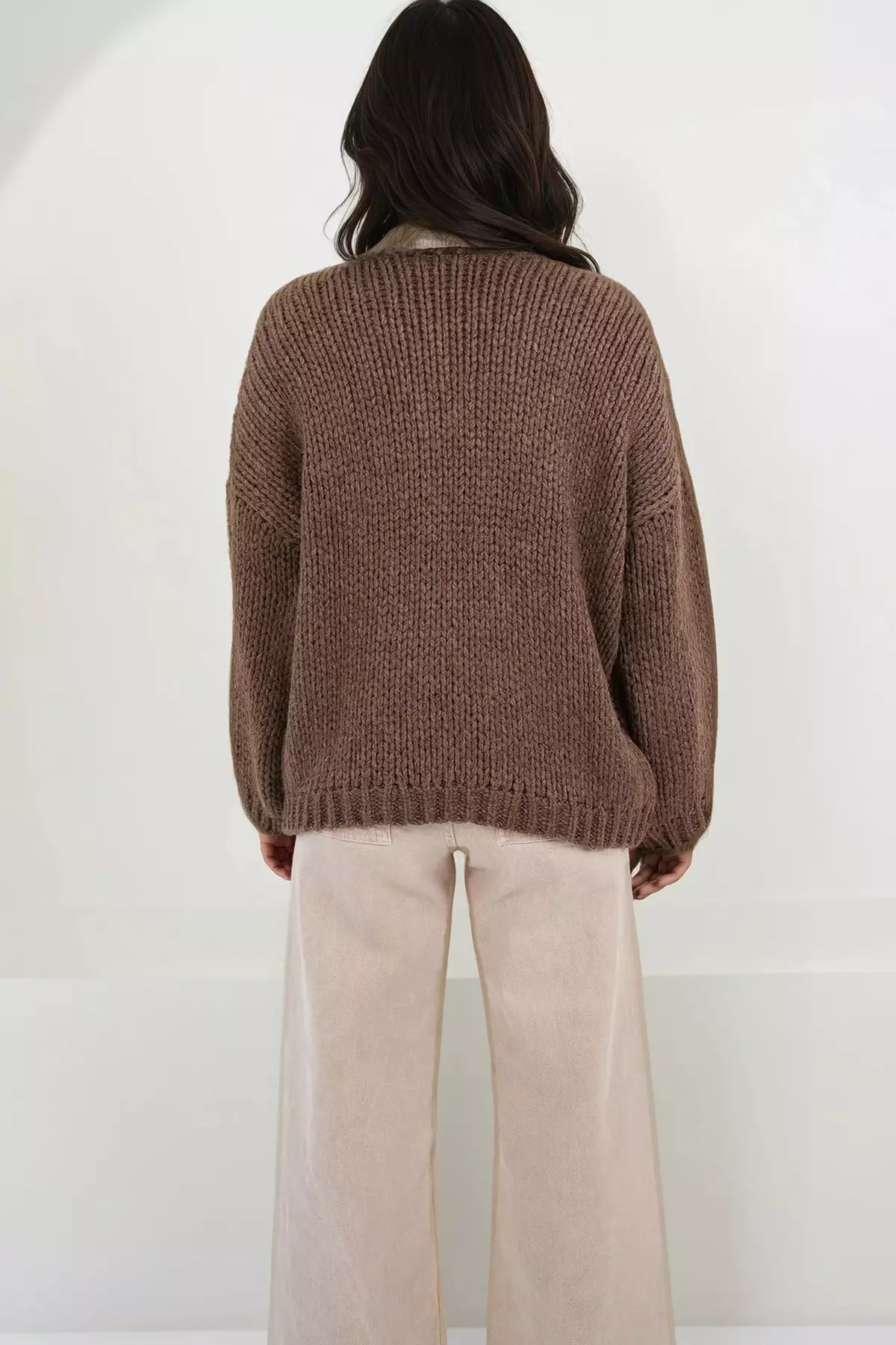 Women'S Brown V-Neck Thick Thessaloniki Braided Soft Textured Oversized Sweater Alc-X14850