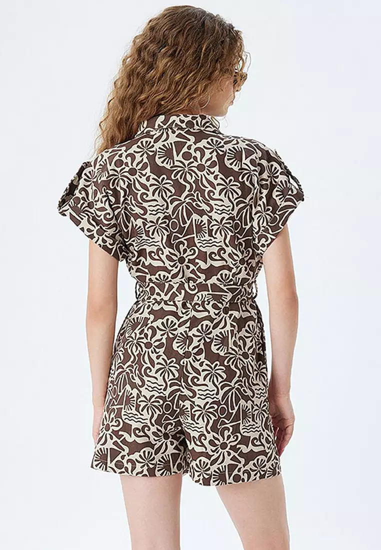 Shorts Jumpsuit Short Sleeve Buttoned Ethnic Patterned Waist Belted Cotton
