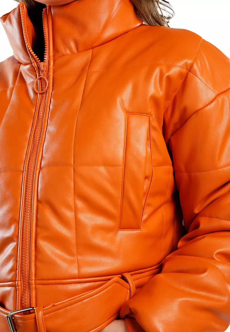 Orange Cropped Belted Puffer Jacket