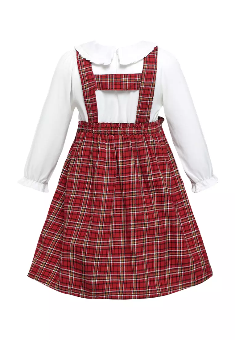 Qna Girl Evadne Overall Dress Midi Anak Merah Motif Kotak