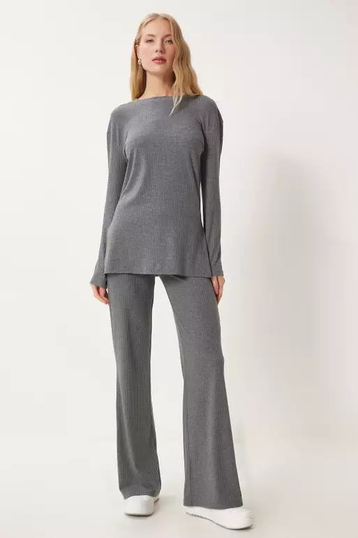 Comfortable Ribbed Knitted Blouse Trousers Set