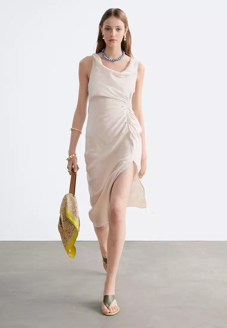 Twist-Strap Linen Midi Dress