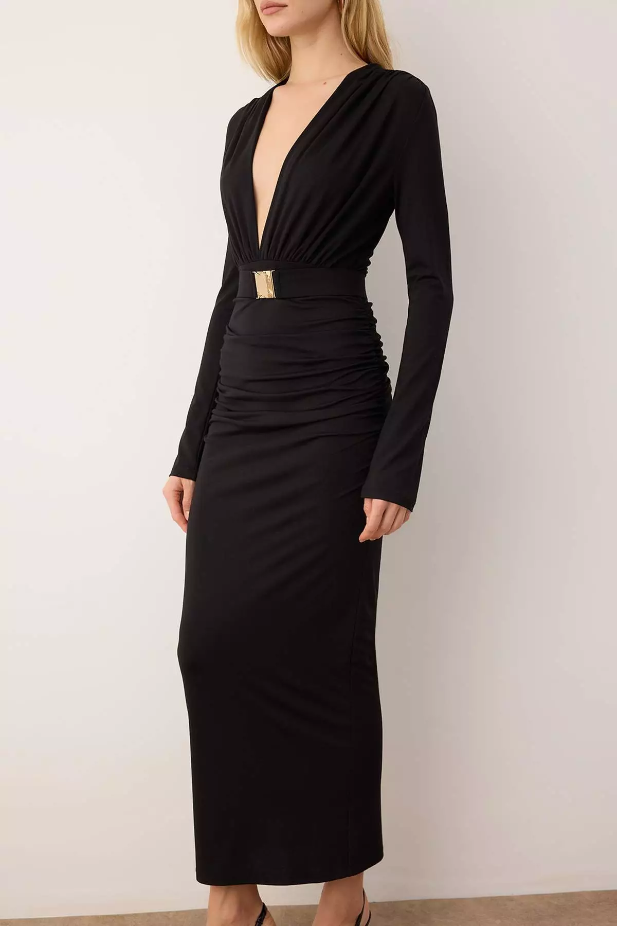 Black Belt Detailed Knitted Modal Chic/Evening Dress