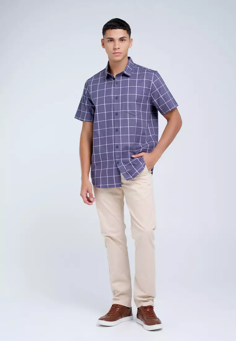 MANZONE - Kemeja Lengan Pendek Pria Olav Modern Fit - Grey Warna Grey