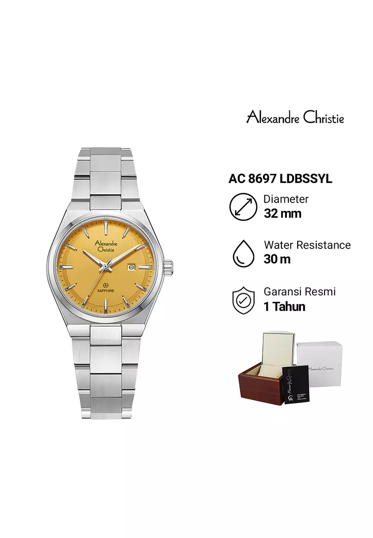 Alexandre Christie Sapphire Jam Tangan Analog Couple Silver Yellow Stainless Steel - 8697MLDBSSYL