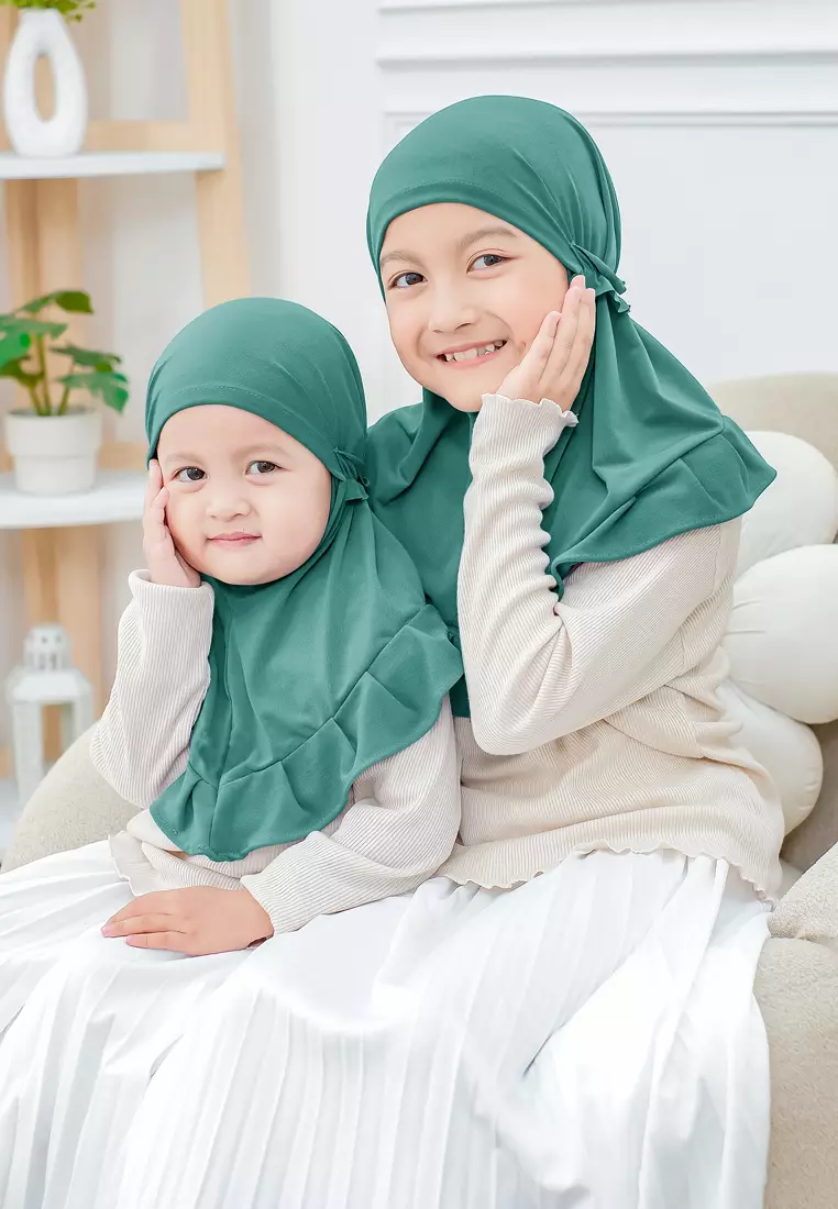 Cotton Bee - Ziva Ruffle Instan | Hijab Instan Anak | Kerudung Jilbab Bergo Tali Anak - Teal Turquoise - S