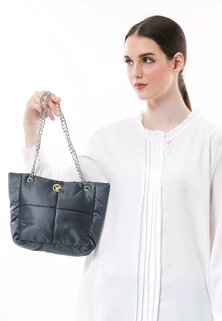 Reina Puffy Bag Two Ropes Smooth Shiny And Plain - DarkGray PVC