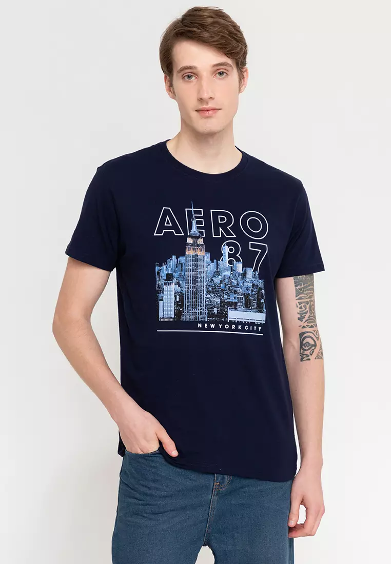 Aeropostale Front-Logo Round-Neck Gradient T-Shirt for Men - Blue