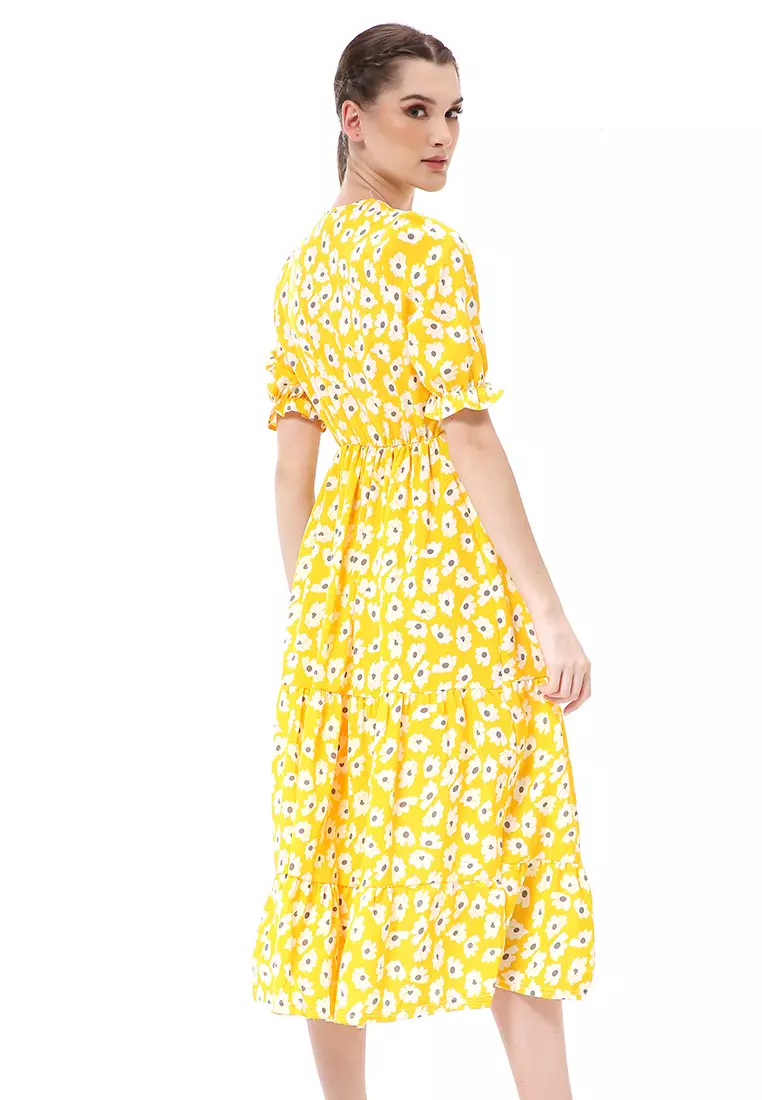 Rachel Midi Dress Wanita Vneck Lengan Pendek Desain Karet Material Polyester ORIGINAL - Yellow