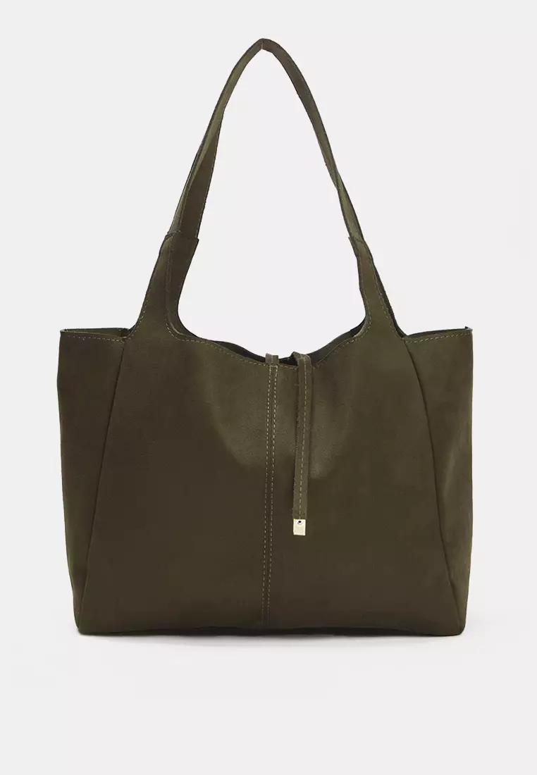 Khaki Suede Tie Detailed Midi Women's Tote Shoulder Bag