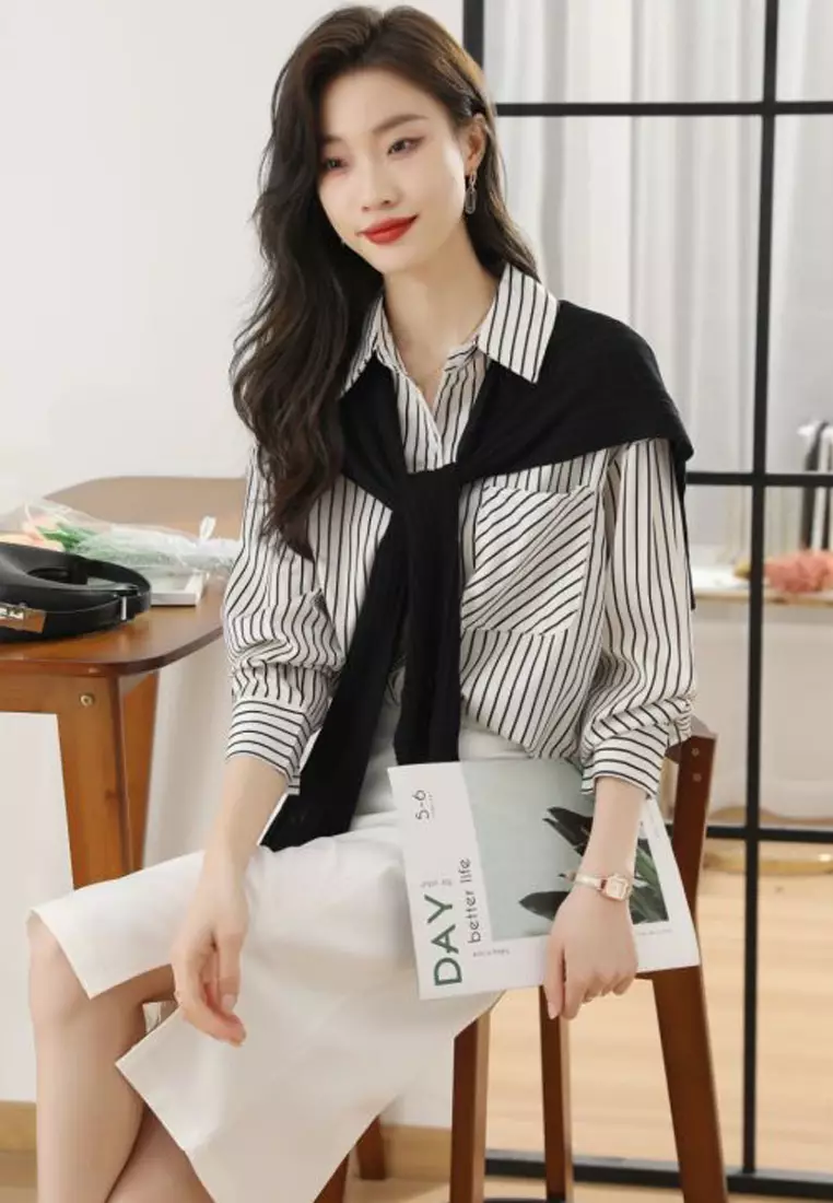 Striped Long Sleeves Shirt With Scarf (2pcs)