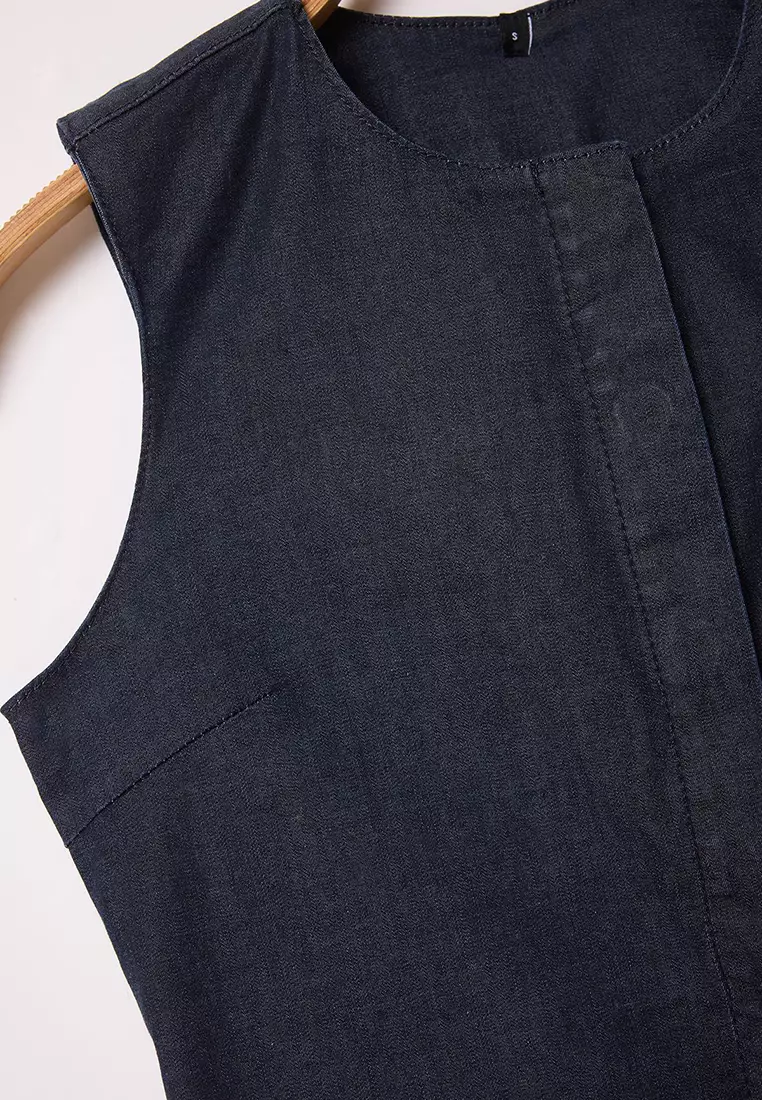 Dark Blue Crop Fitted Denim Vest TWOSS25YE00002