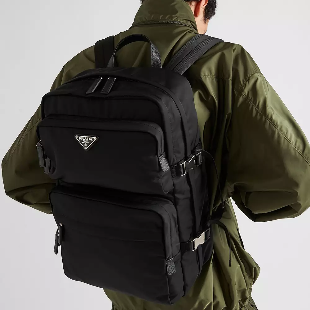 Triangle Logo Re-Nylon and Saffiano Leather Backpack Black