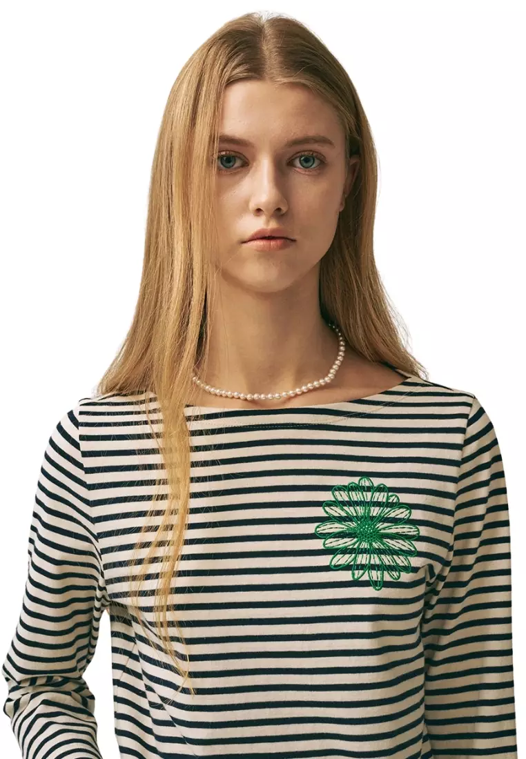 Slim Tshirt 3/4 Sleeve Stripe - Ivory Green