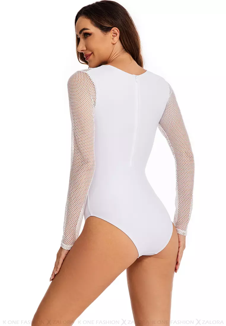 Long sleeve mesh one piece swimsuit shop