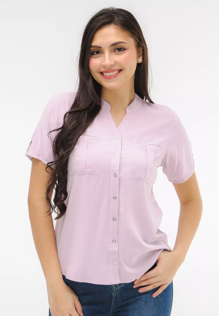 Woven Plain Rayon Short Sleeves Blouse