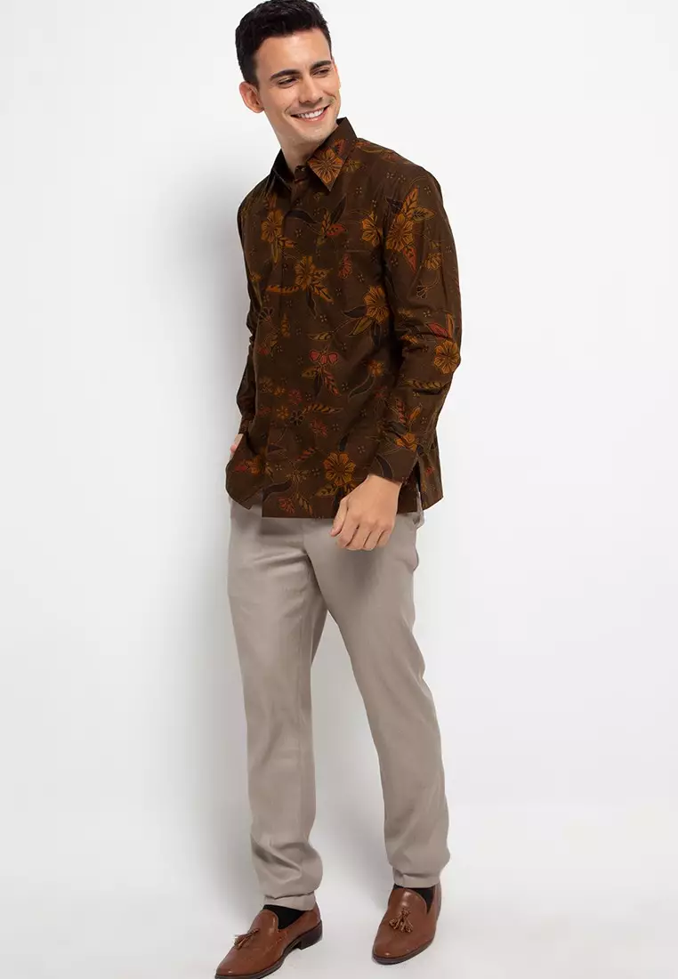 Kemeja Batik Katun Lengan Panjang Motif MAWAR PUTIH ABU Batik Exclusive Spesial Laseman Premium