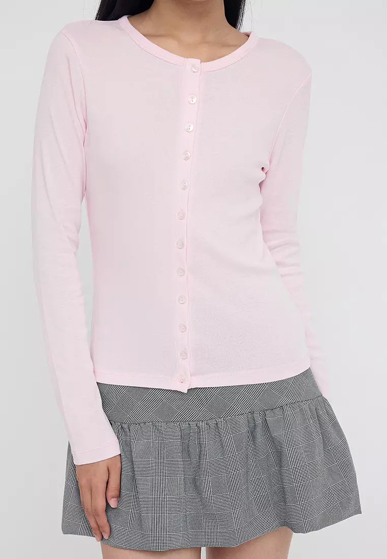 Teen Wardrobe Essentials – Pink Button-Down Stretchy Knit Blouse | Twoaw26Bz00007