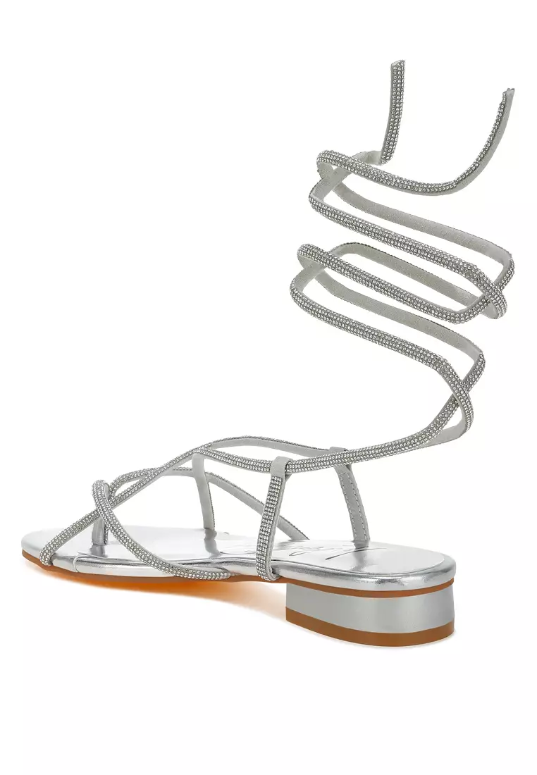 Rhinestone Embellished Lace-Up Sandals in Silver