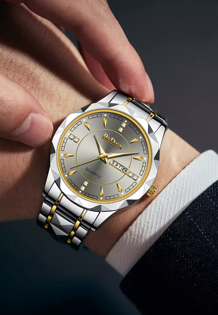 Jam Tangan Pria Anti Air Original Cowok Kalender Bercahaya Analog Luminous Stainless Steel Men Watch abu-abu