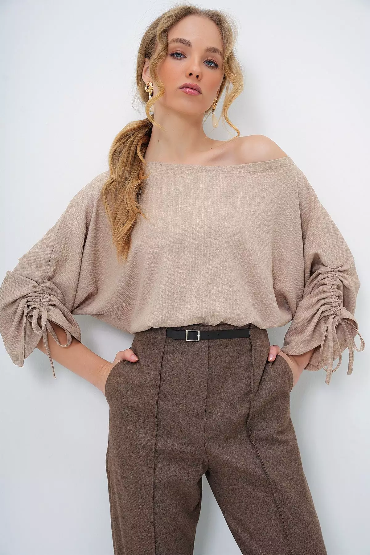 Women's Beige Boat Neck Sleeves Gathered and Tied Detailed Knitted Crepe Blouse