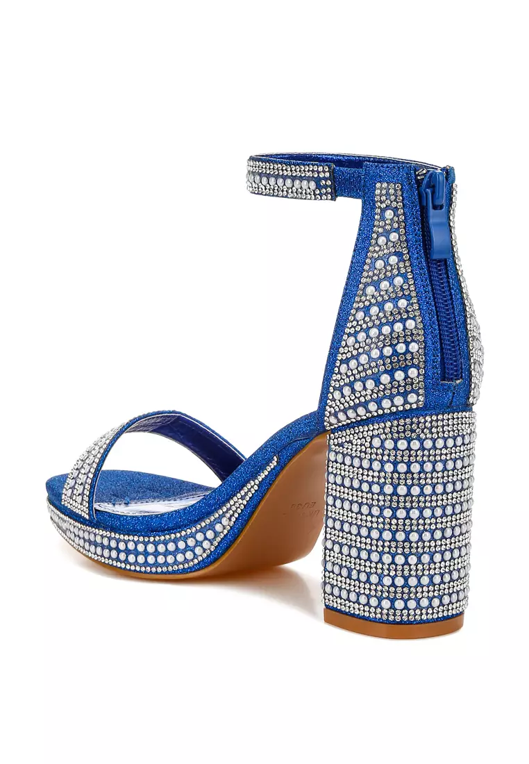 Sandal Berlian Imitasi Dan Hiasan Mutiara Warna Biru