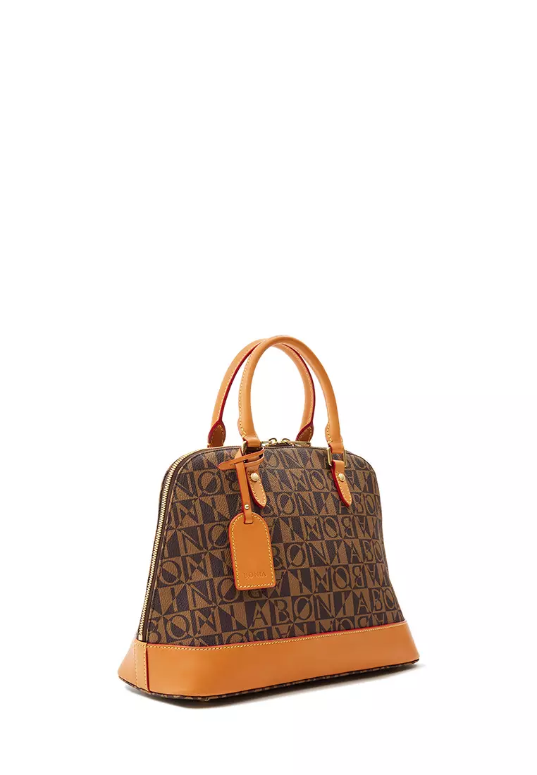 Bonia Dark Brown Monogram Structured Satchel Sling