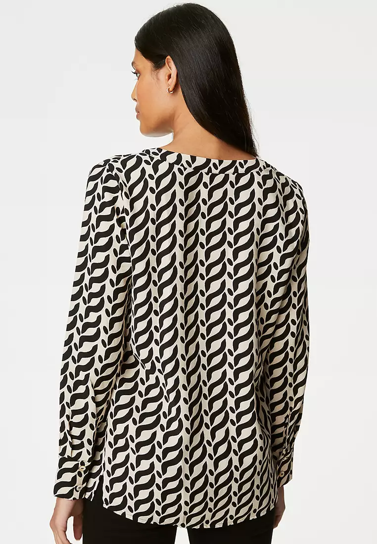 Printed V-Neck Popover Blouse