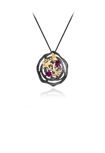 Glamorousky silver 925 Sterling Silver Plated Black Fashion Temperament Golden Flower Butterfly Pendant with Garnet and Necklace A5228AC8A4792BGS_1