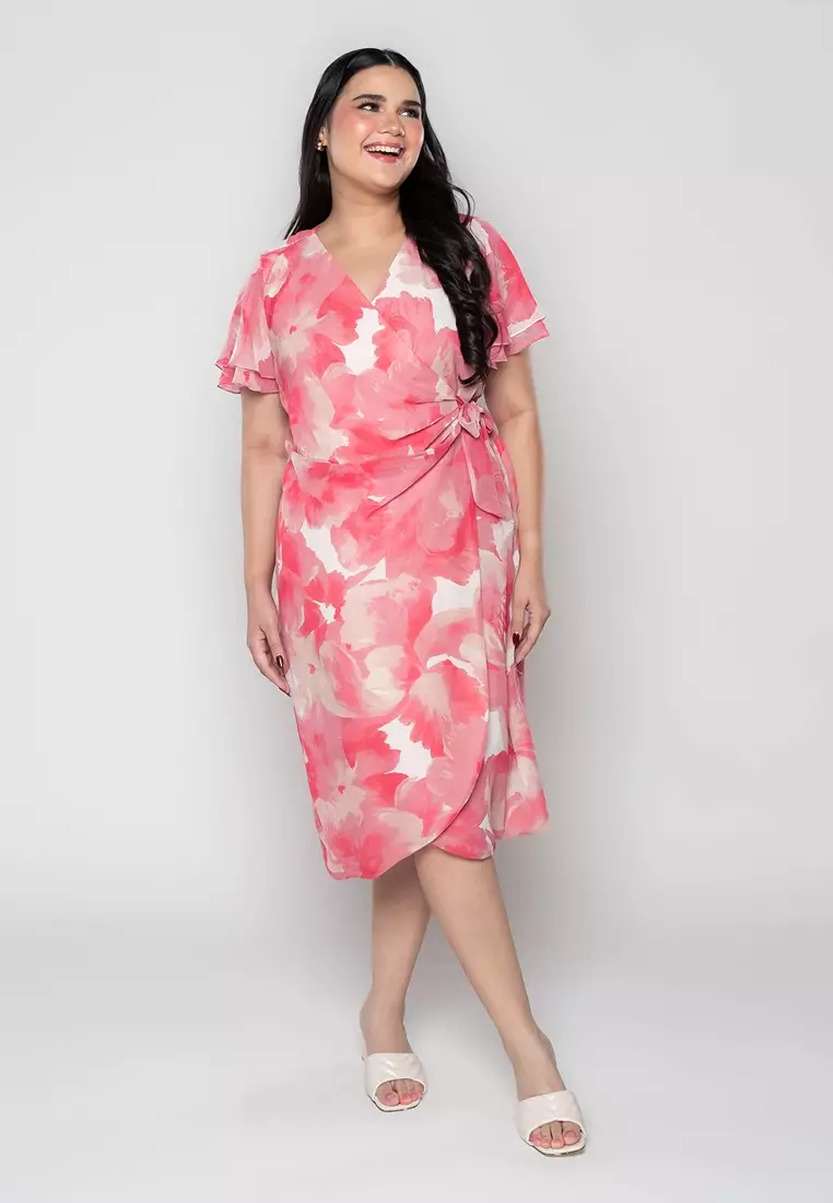 Milly Plus Size Martine Full Floral Digital Wrap Dress with Gathered Detail