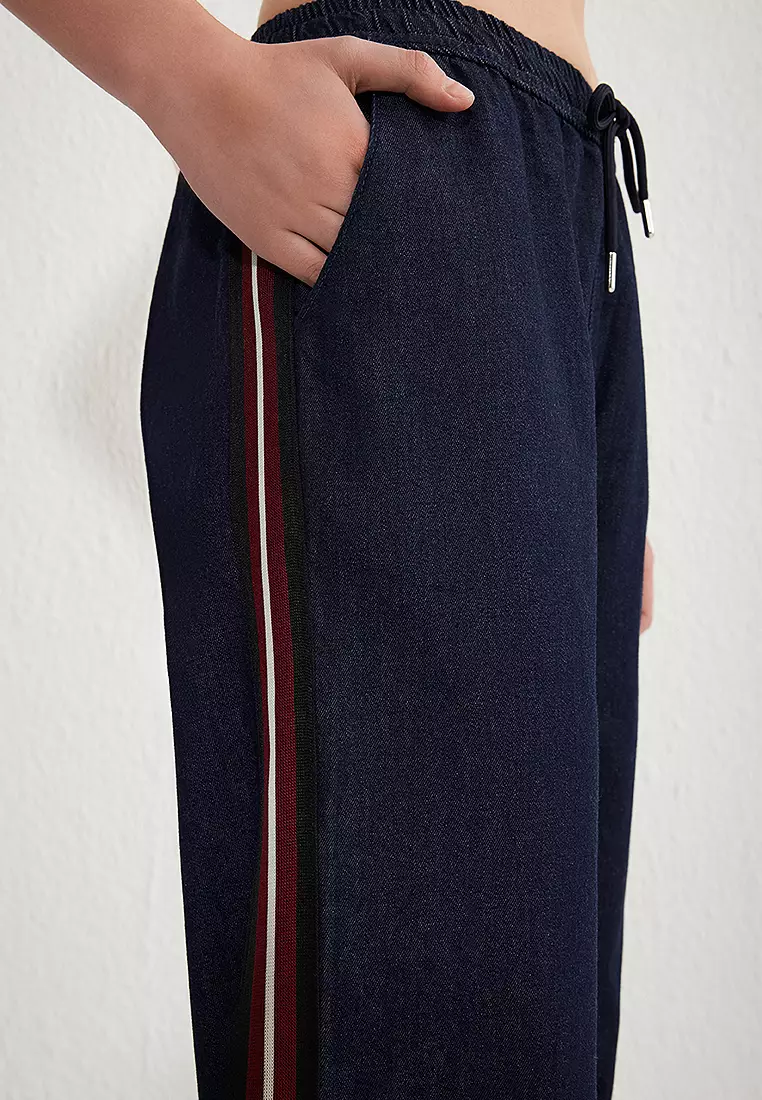 Dark Blue Elastic Waistband Stripe Detail High Waist Wide Leg Jeans