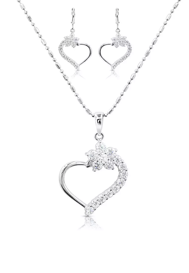 SO SEOUL Amora Open Heart Diamond Simulant Cubic Zirconia Earrings with Pendant Chain Necklace Jewelry Gift Set