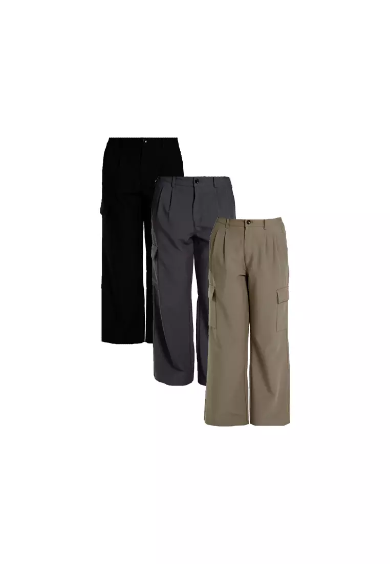 Forest Ladies Pleated Cargo Long Pants Women Wide Leg Pants | Seluar Panjang Perempuan - 810550-03DkGrey
